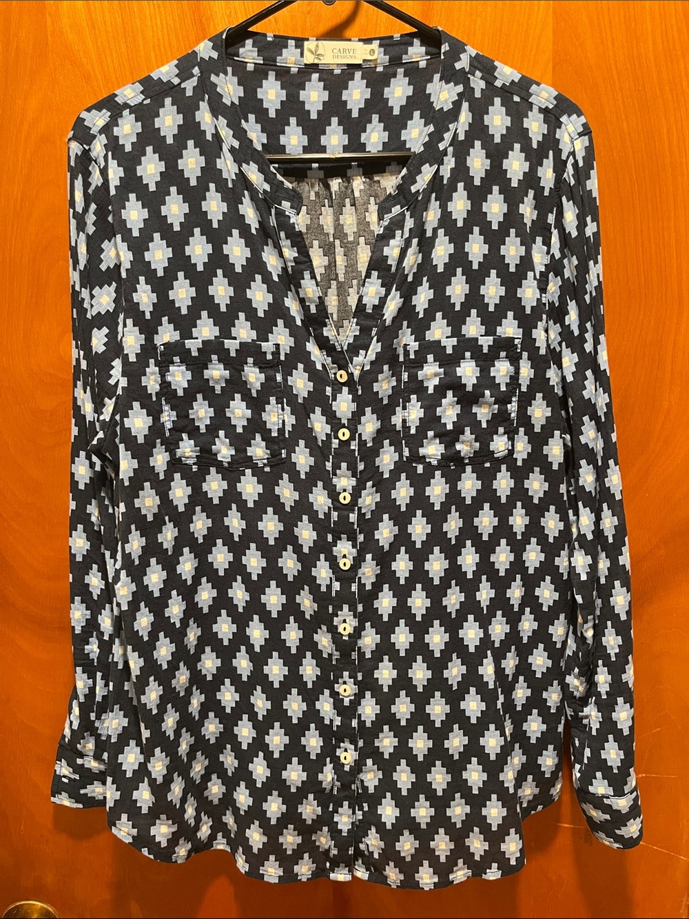 Carve Designs  Navy Blouse with Pale Blue and White Geometric Print